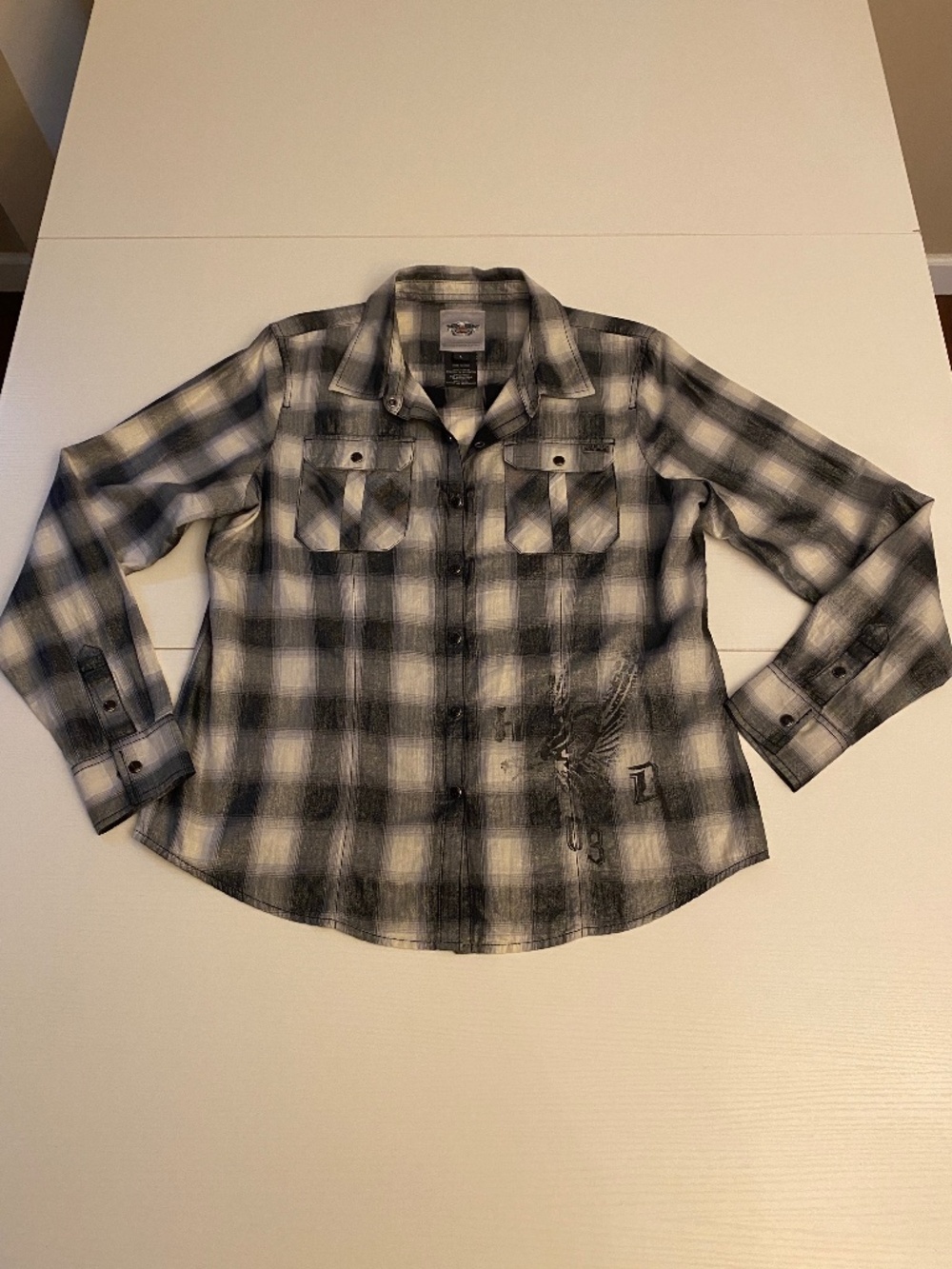Harley Davidson Women's Metallic Button Down Plaid Cotton Shirt Size Large